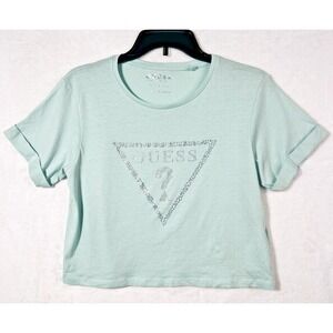 GUESS Cropped T-shirt Womens S Seafoam Green Jeweled‎ Rhinestone Bling